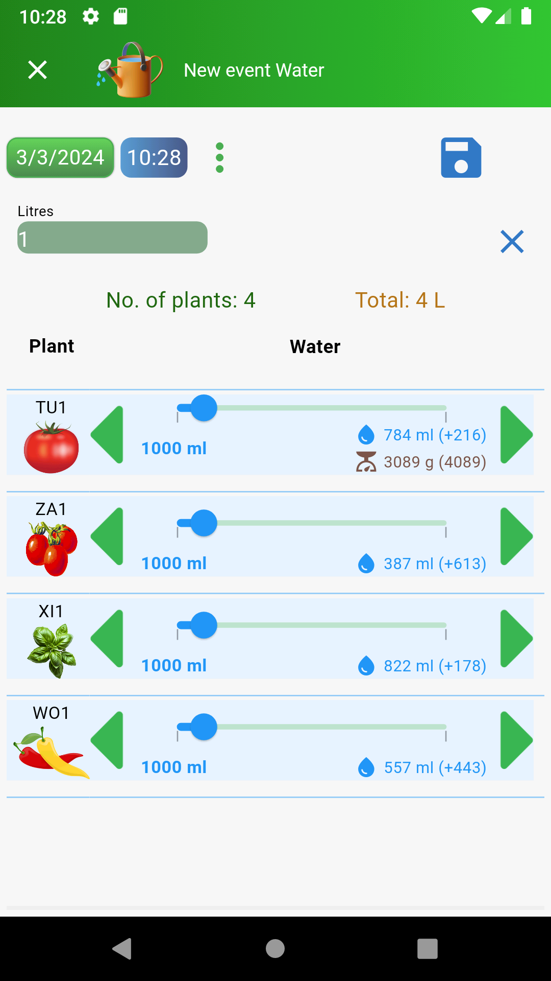 Événement d'arrosage des plantes dans ColtivApp