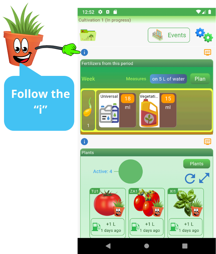 Suivez l'icône i pour obtenir des informations dans ColtivApp