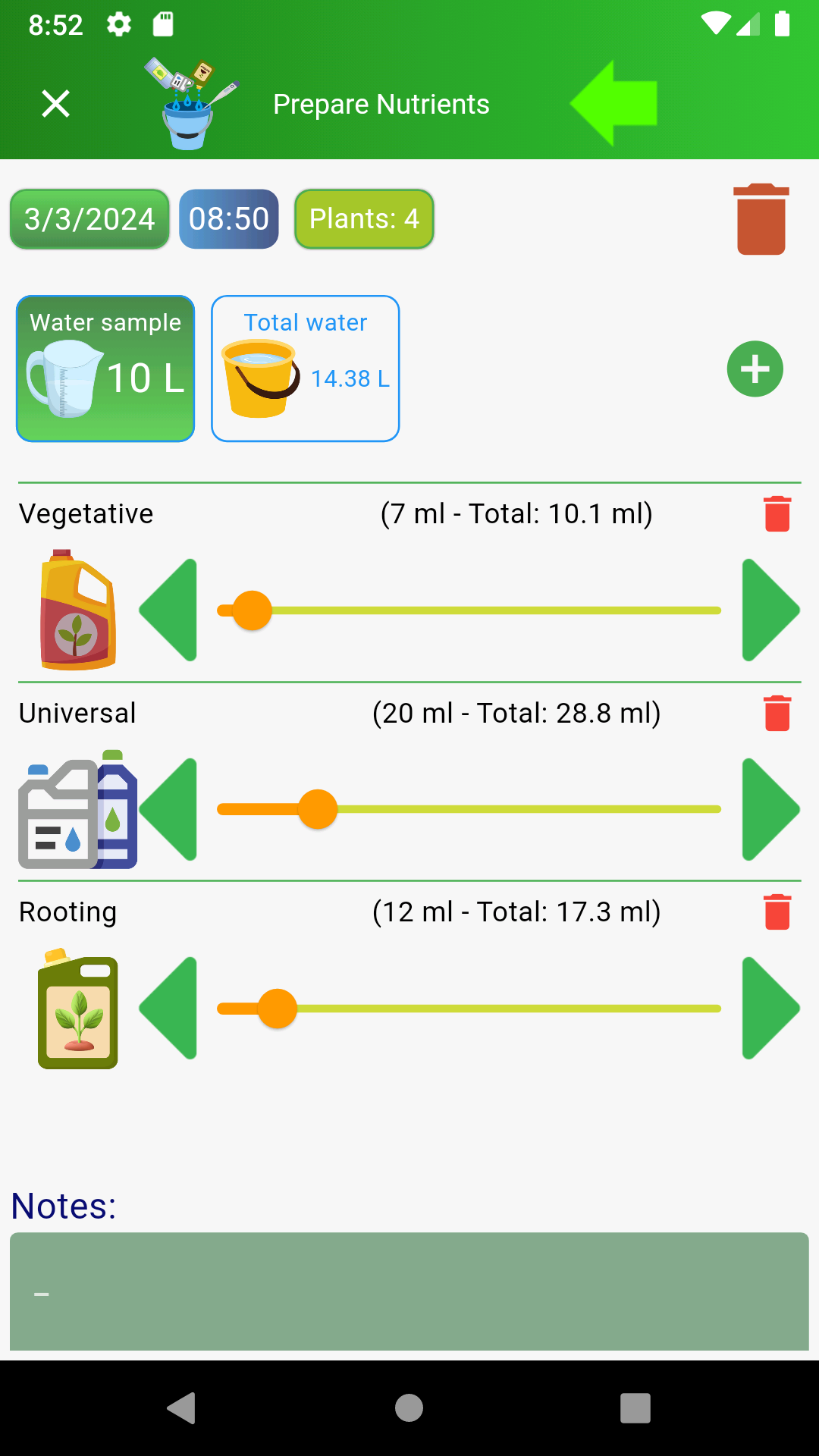 Evento Prepara soluzione nutrienti in ColtivApp