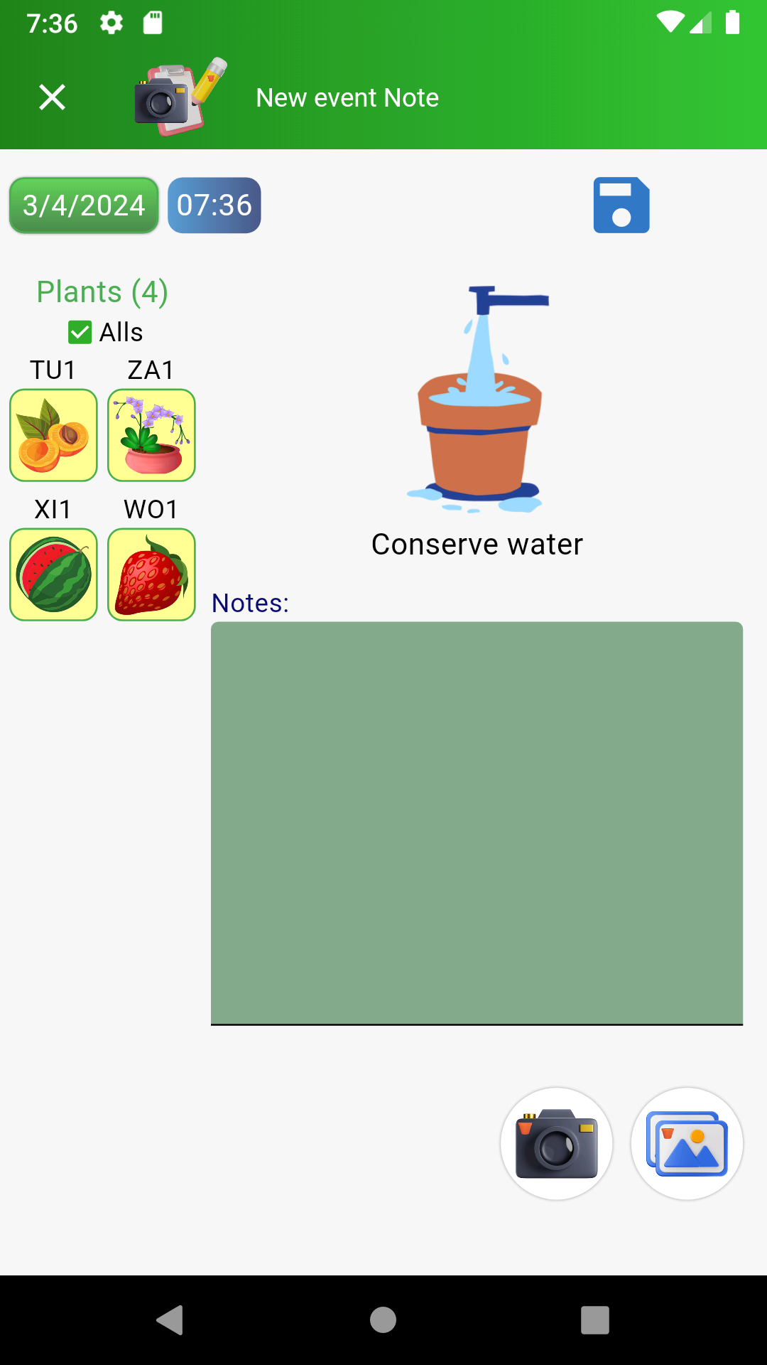 Événement de stockage d'eau dans ColtivApp