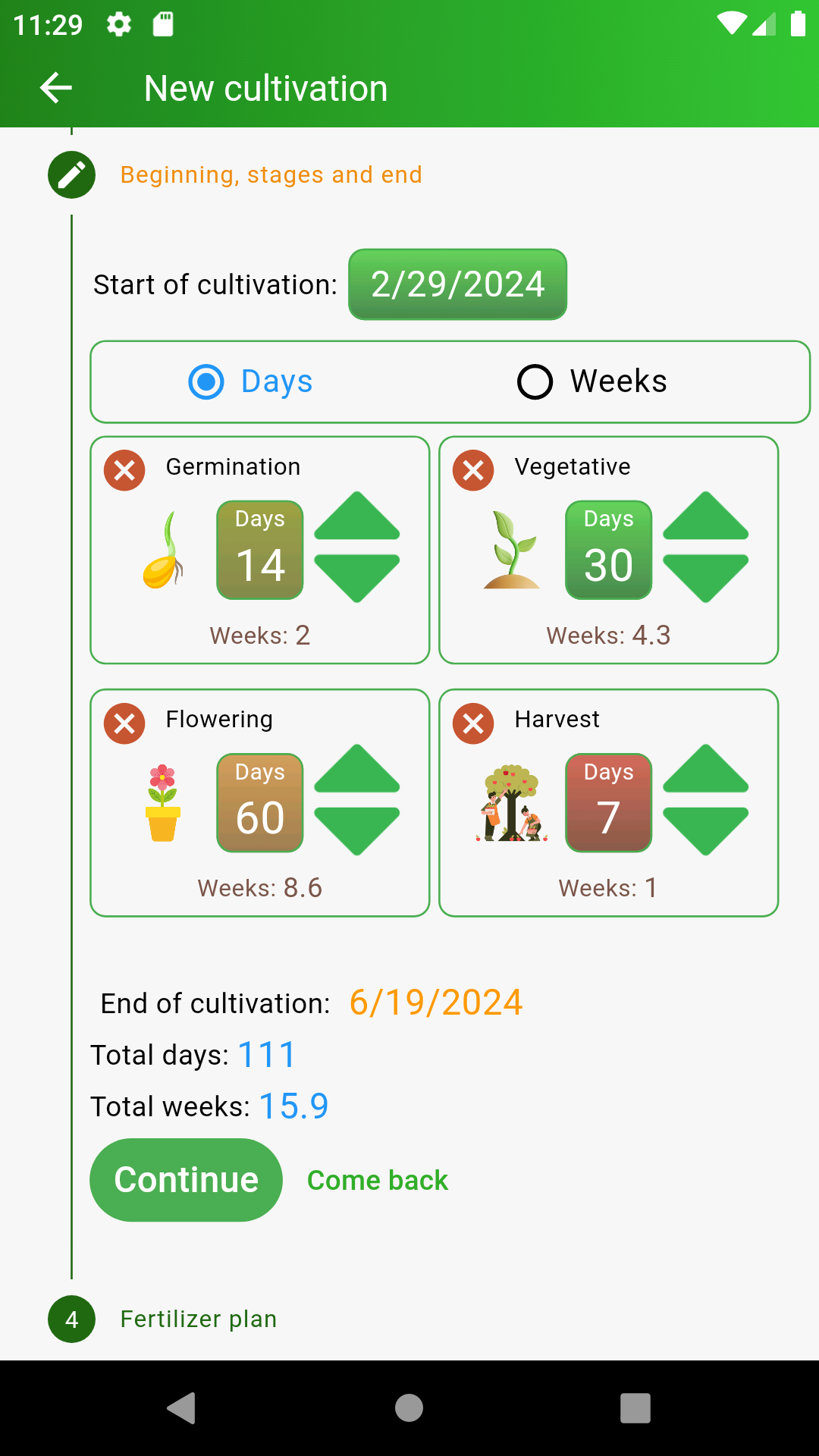 Set cultivation dates and phases with ColtivApp